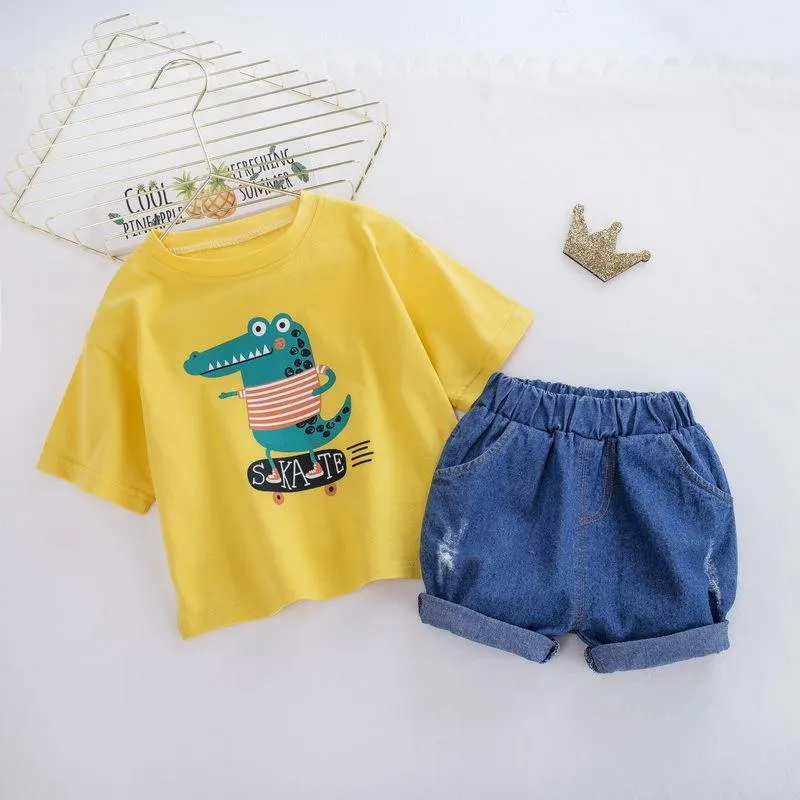 2PCS Casual Cartoon Dinosaur Print  Top and Pants