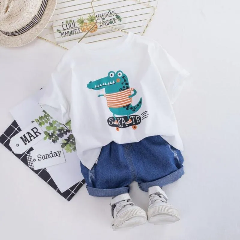 2PCS Casual Cartoon Dinosaur Print  Top and Pants