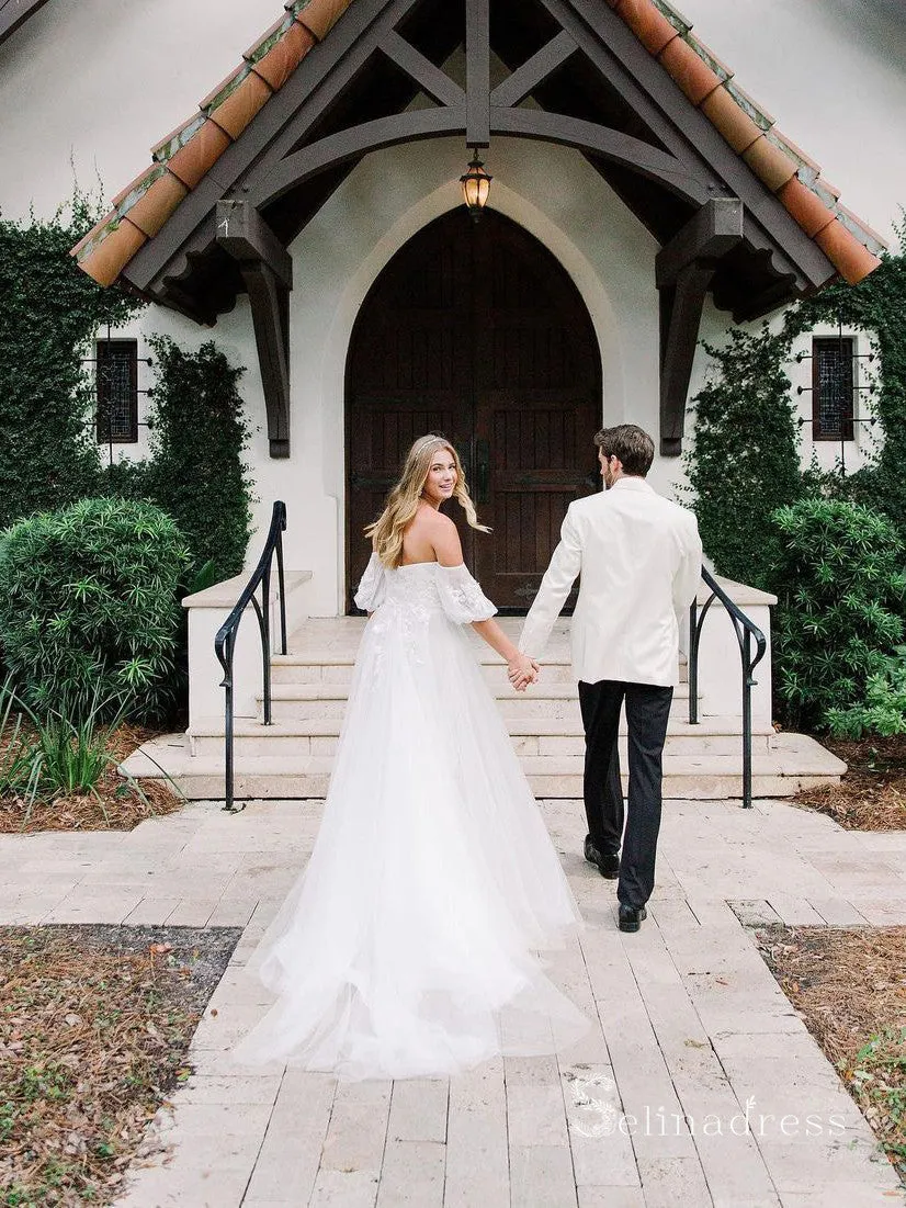 A-line Off-the-shoulder Rustic White Wedding Dresses Lace Bridal Gowns CBD357