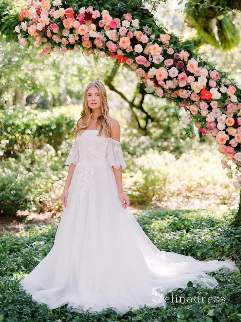 A-line Off-the-shoulder Rustic White Wedding Dresses Lace Bridal Gowns CBD357