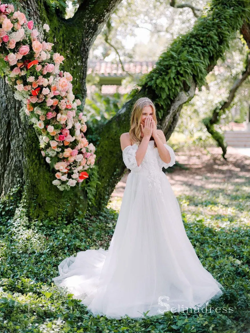 A-line Off-the-shoulder Rustic White Wedding Dresses Lace Bridal Gowns CBD357