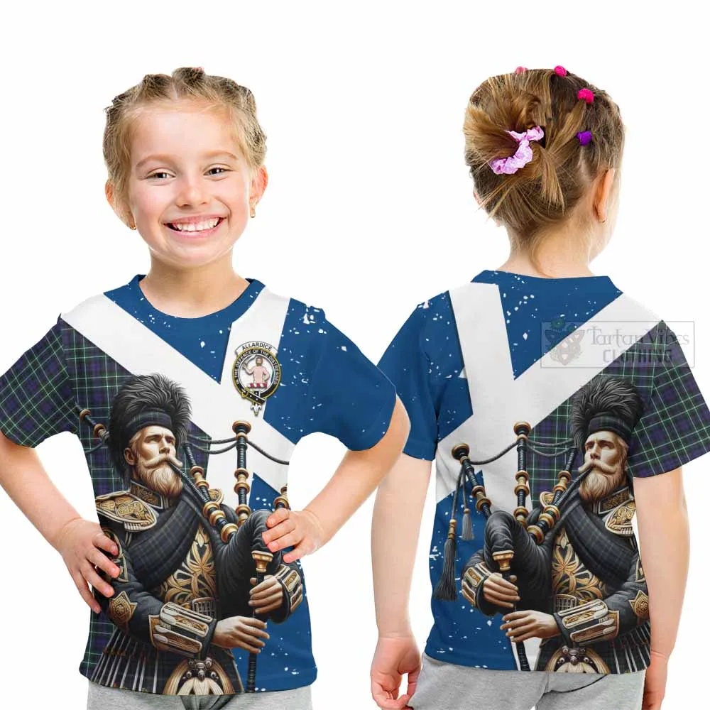 Allardice Tartan Kid T-Shirt with Family Crest Scottish Bagpiper Vibes