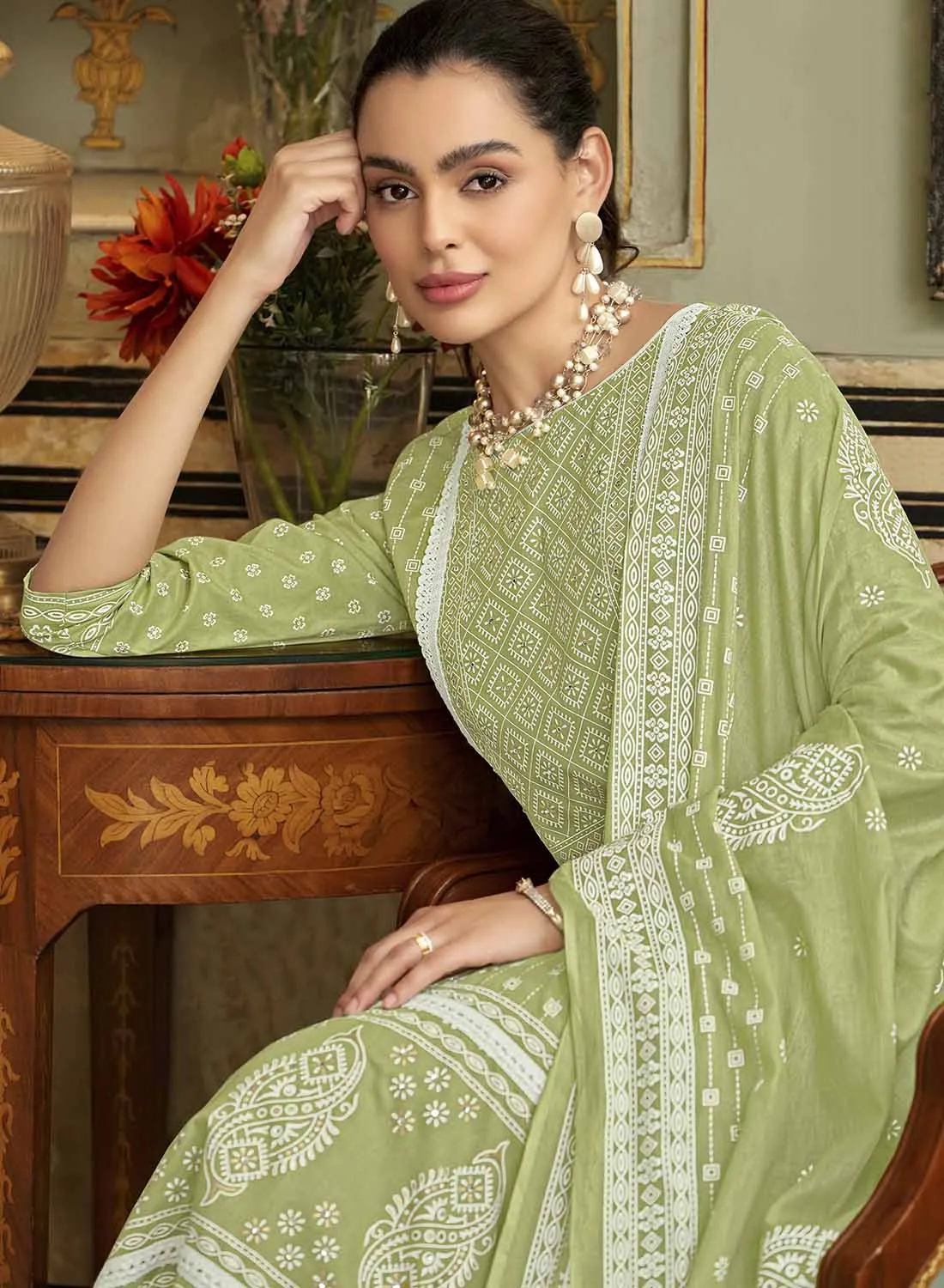 Alok Pure Cambric Cotton Green Unstitched Suit Material for Women