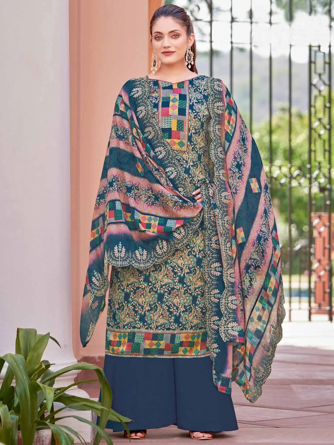 Alok Unstitched Printed Blue Cotton Salwar Suits Set