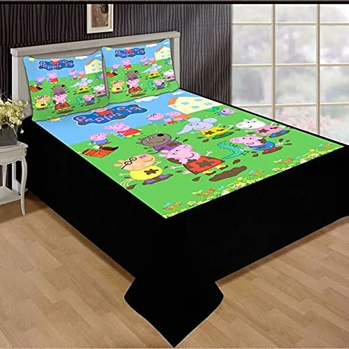 Anchals Collection Kids Cartoon Character Design Double Bed 9 X 1 inch Queen/King Size Velvet Bedsheet Set for Children with 2 Full Size Pillow Covers 1% Stylish (Multicolor, Pack of 1)