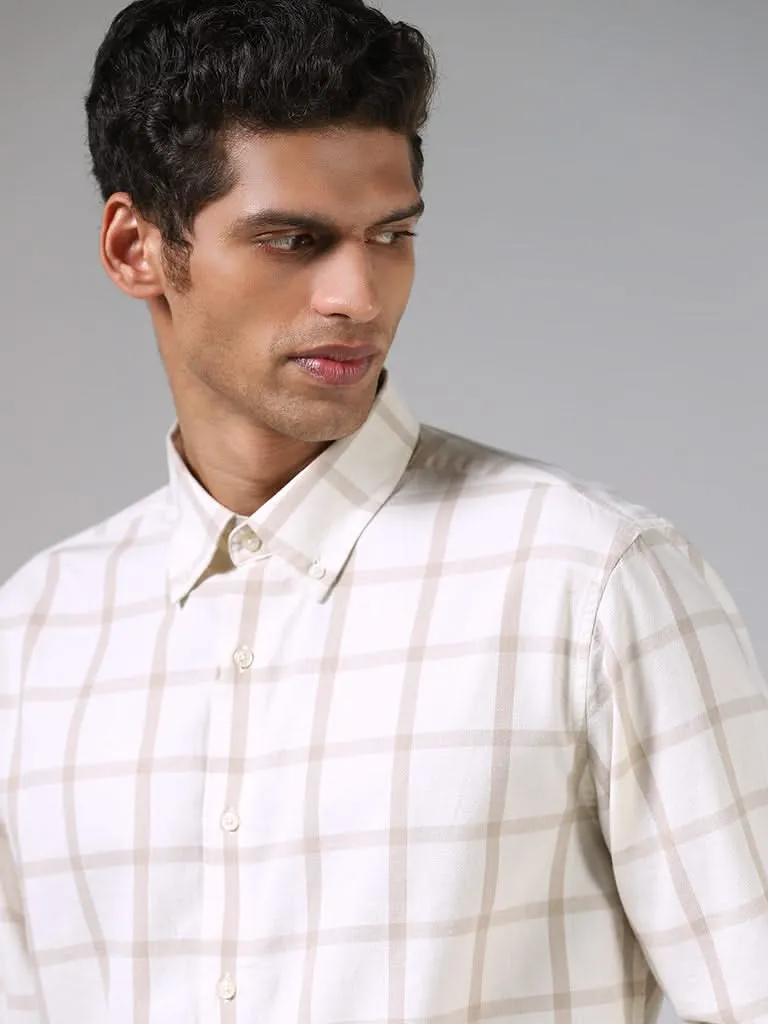 Ascot Off White and Stone Checkered Cotton Relaxed-Fit Shirt