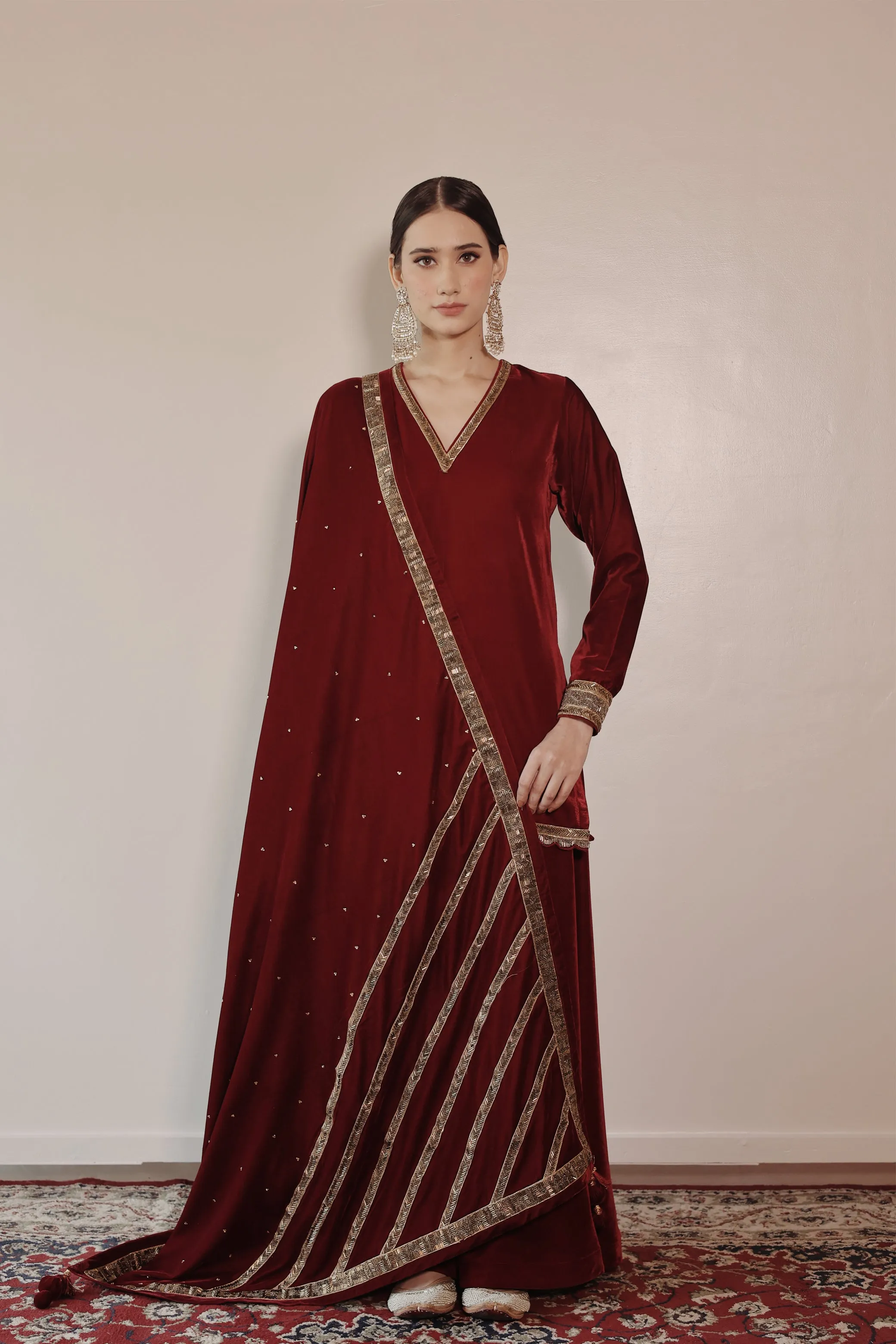 Begum Red Velvet Sharara Set