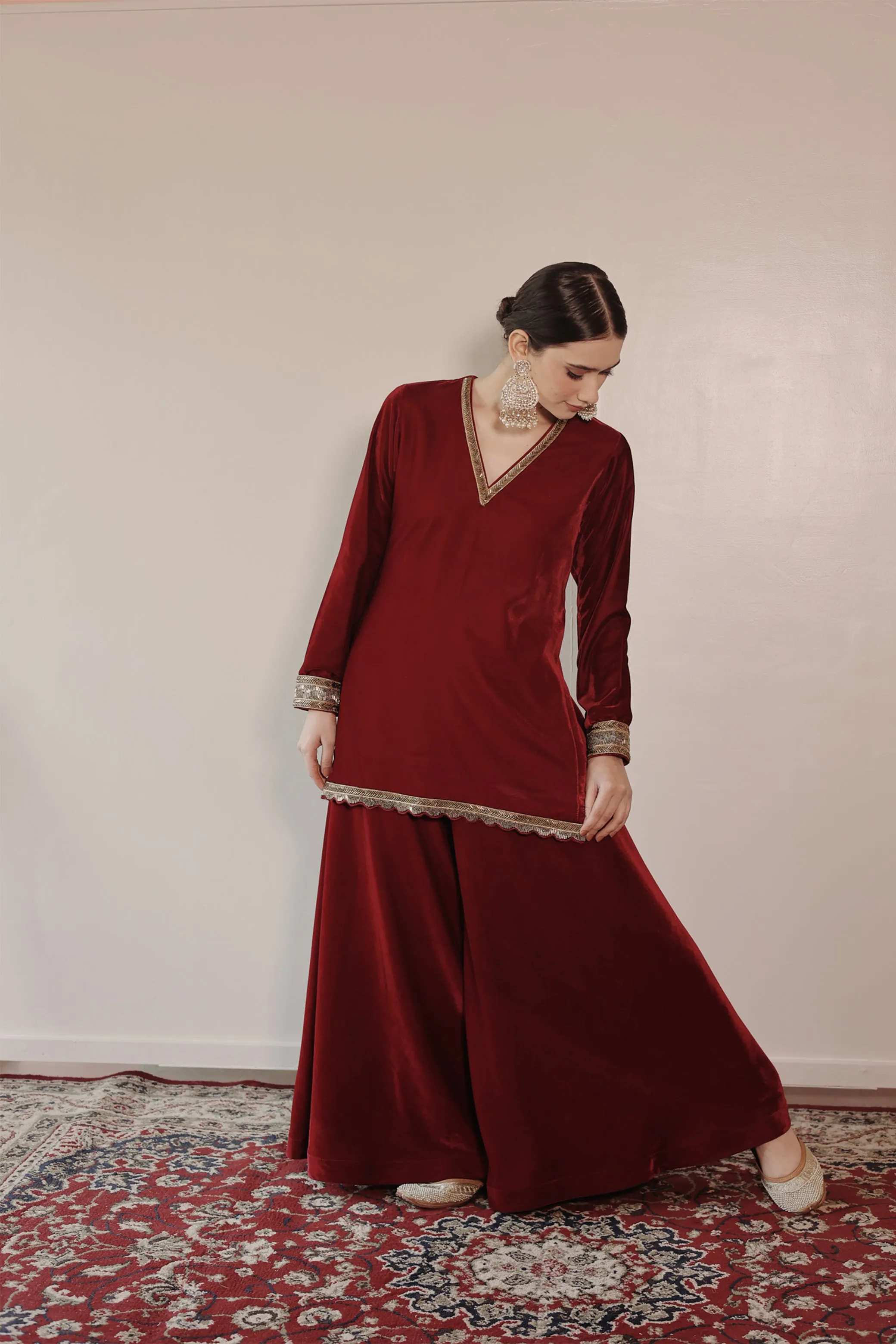 Begum Red Velvet Sharara Set