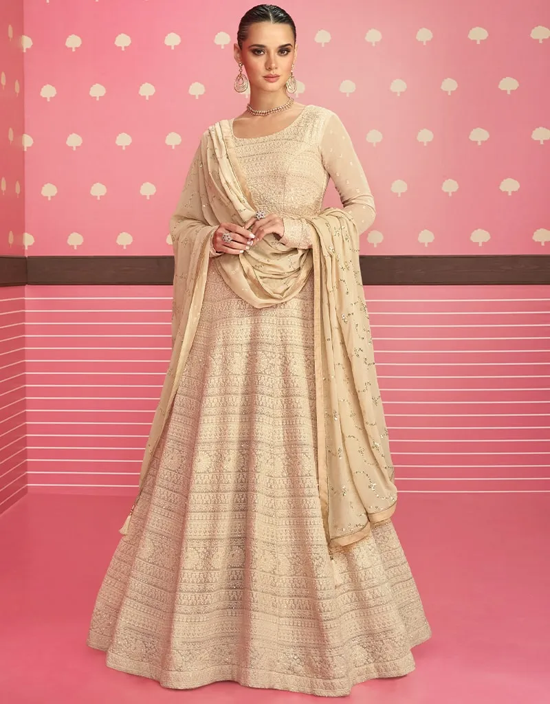 Beige Anarkali style Anarkali Semi-Stitched Suits