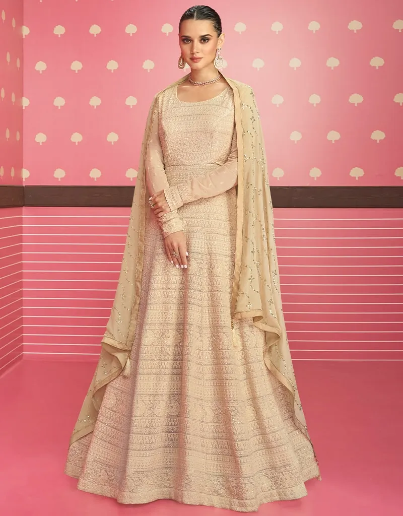 Beige Anarkali style Anarkali Semi-Stitched Suits