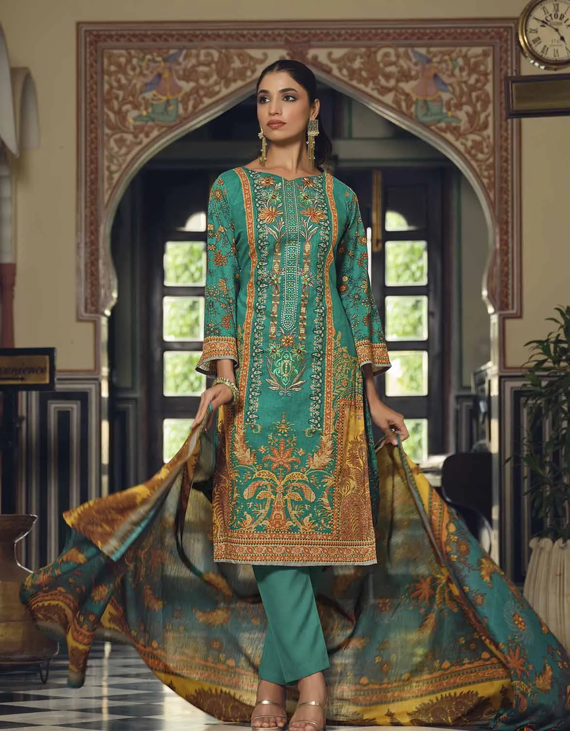 Belliza Pakistani Print Unstitched Cotton Suits Set with Dupatta Green