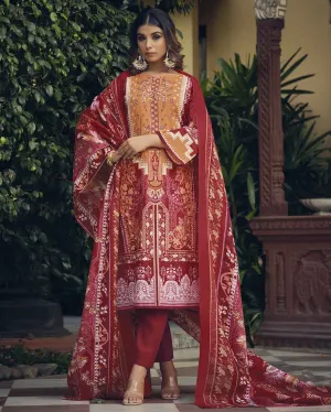 Belliza Pakistani Print Unstitched Cotton Suits with Dupatta Red