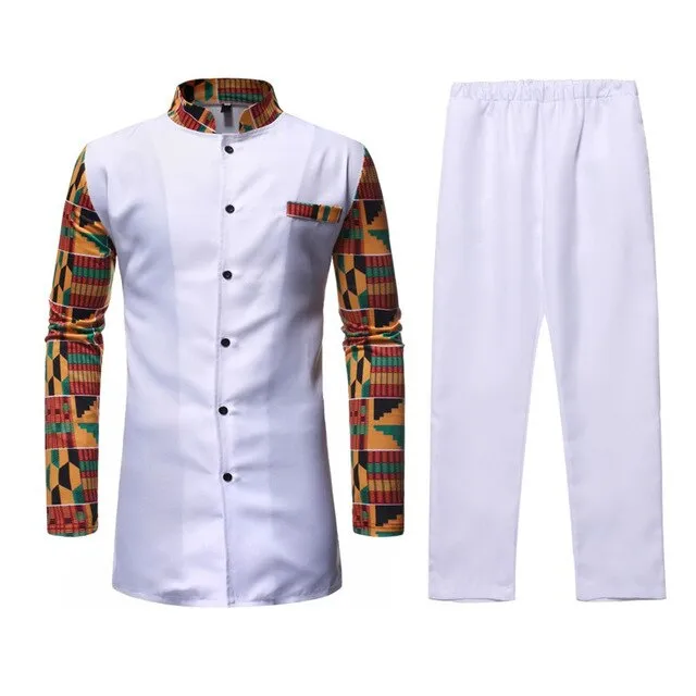 Black African Dashiki Print Top Pant Set 2 Pieces Outfit Set 2020 Traditional Men African Clothes Casual African Suit for Men