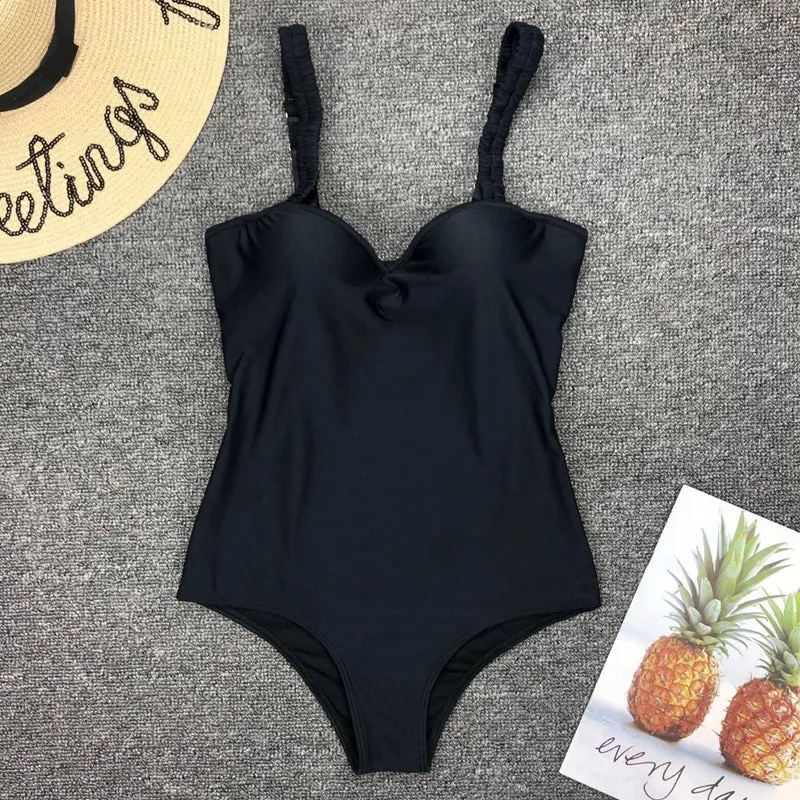 Black White One Piece Swimsuit Bodysuit Swimwear Push Up Monokini Solid Bathing Suit Beachwear Swimming Suit