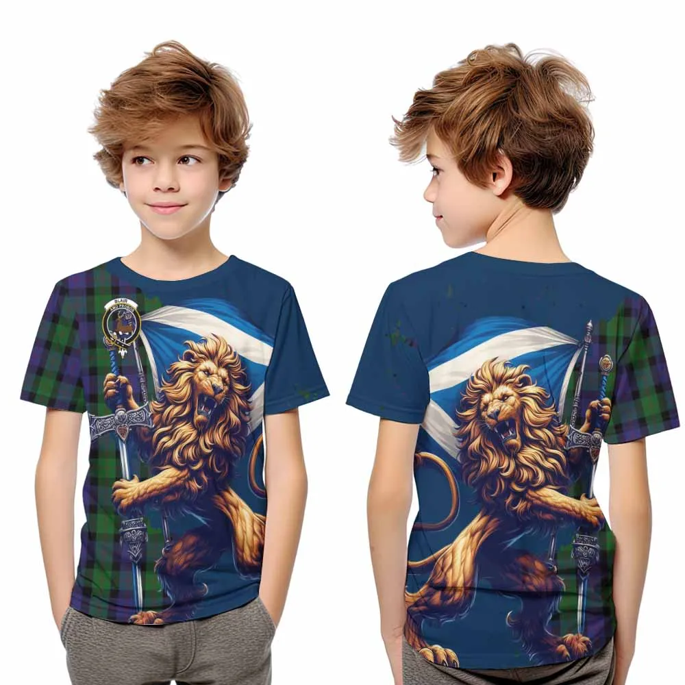 Blair Tartan Family Crest Kid T-Shirt with Scottish Majestic Lion