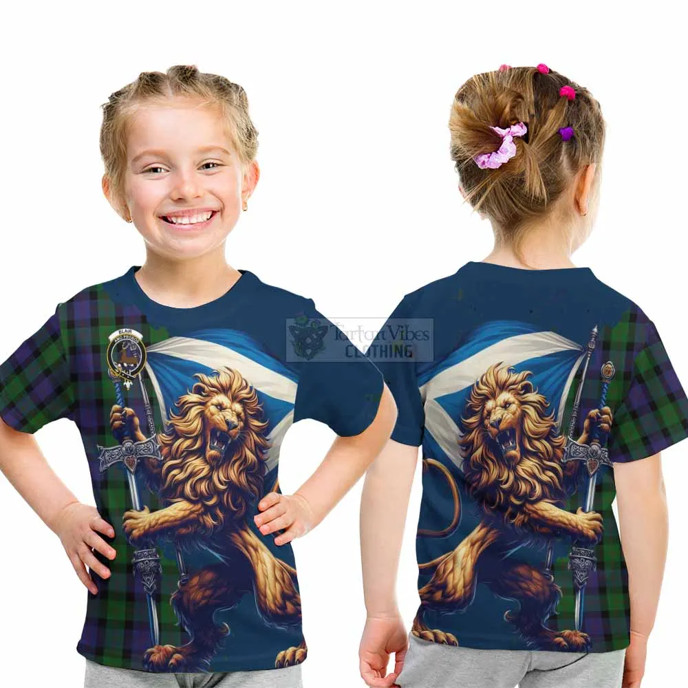 Blair Tartan Family Crest Kid T-Shirt with Scottish Majestic Lion