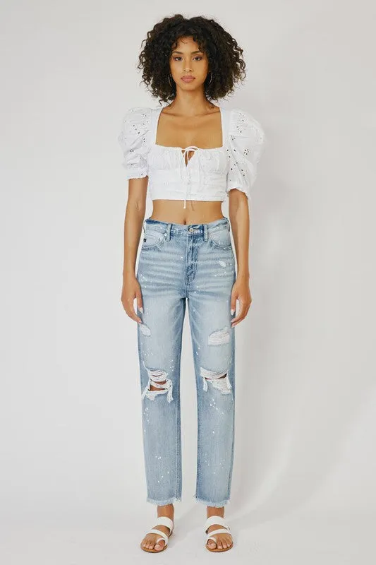 Bleach Splatter High Rise Slim Straight Jeans