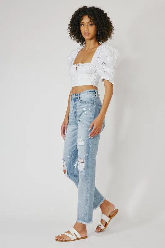 Bleach Splatter High Rise Slim Straight Jeans