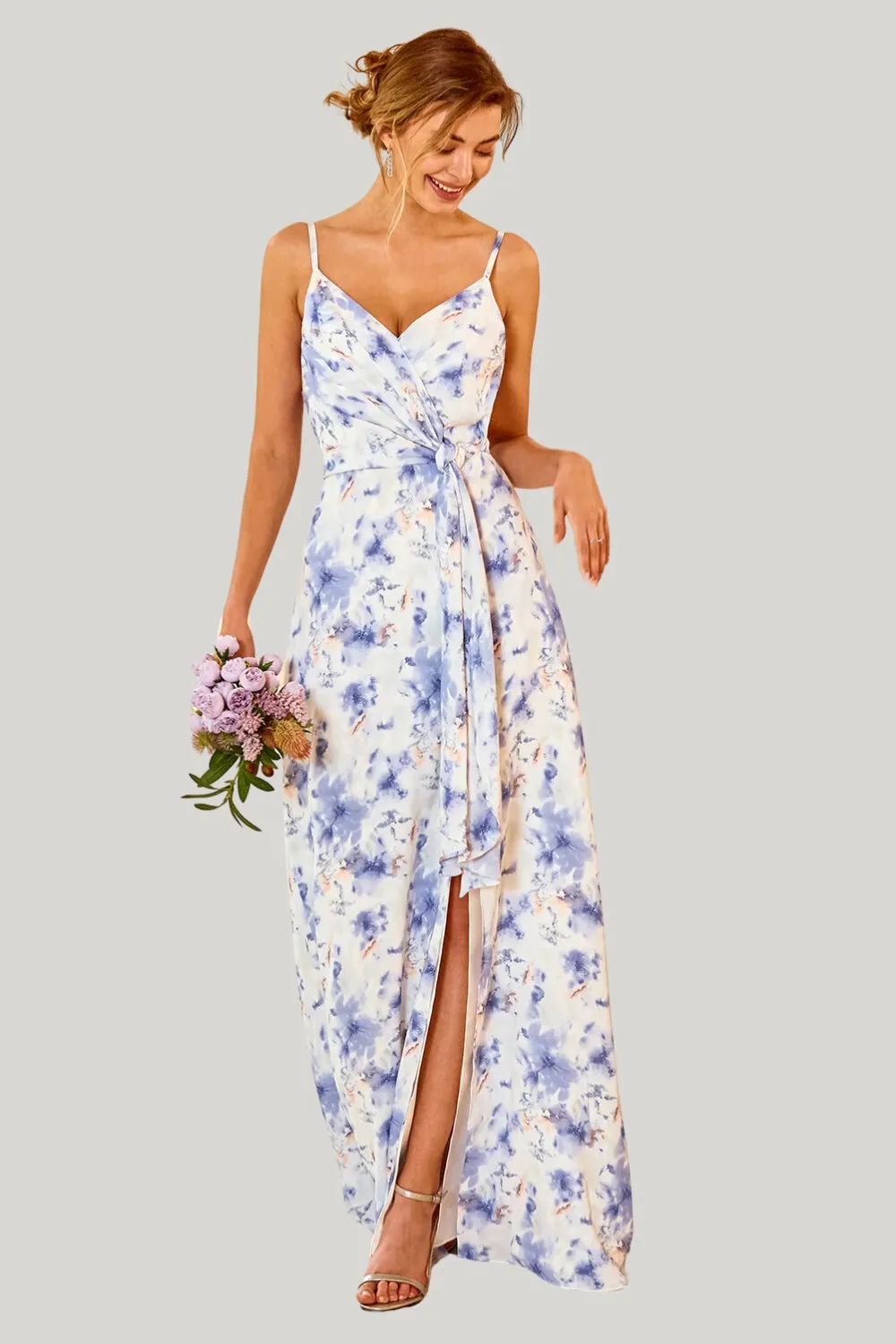 Blue Floral Print A Line Spaghetti Straps Maxi Dress with Slit