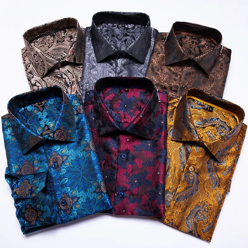 Blue Men's Shirts Paisley Floral Silk Gold Long Sleeve Casual Shirt Business Party Wedding Dress Shirt