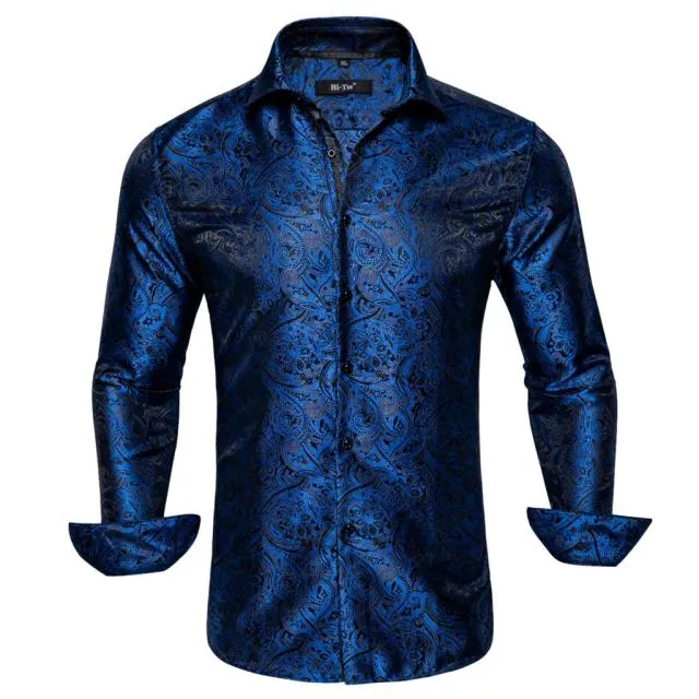 Blue Men's Shirts Paisley Floral Silk Gold Long Sleeve Casual Shirt Business Party Wedding Dress Shirt