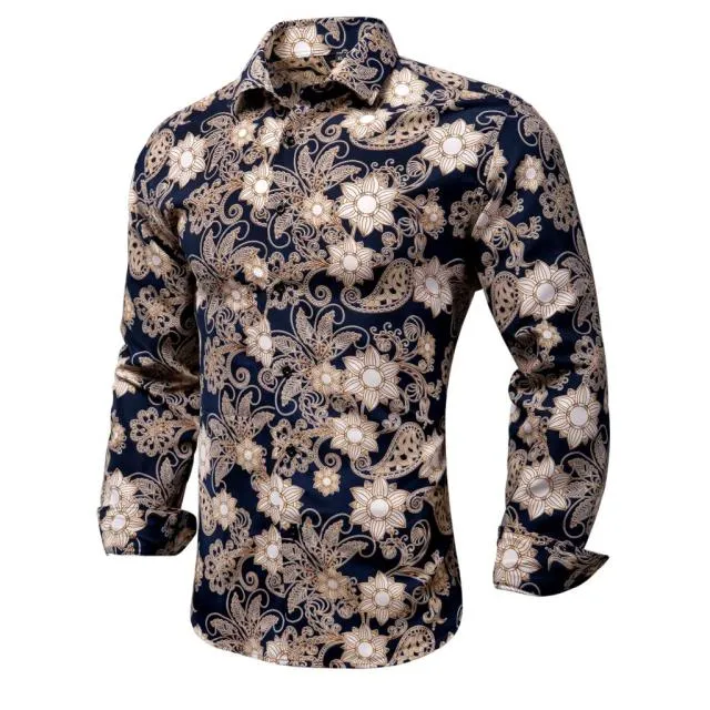 Blue Men's Shirts Paisley Floral Silk Gold Long Sleeve Casual Shirt Business Party Wedding Dress Shirt