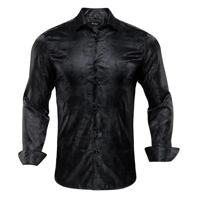 Blue Men's Shirts Paisley Floral Silk Gold Long Sleeve Casual Shirt Business Party Wedding Dress Shirt