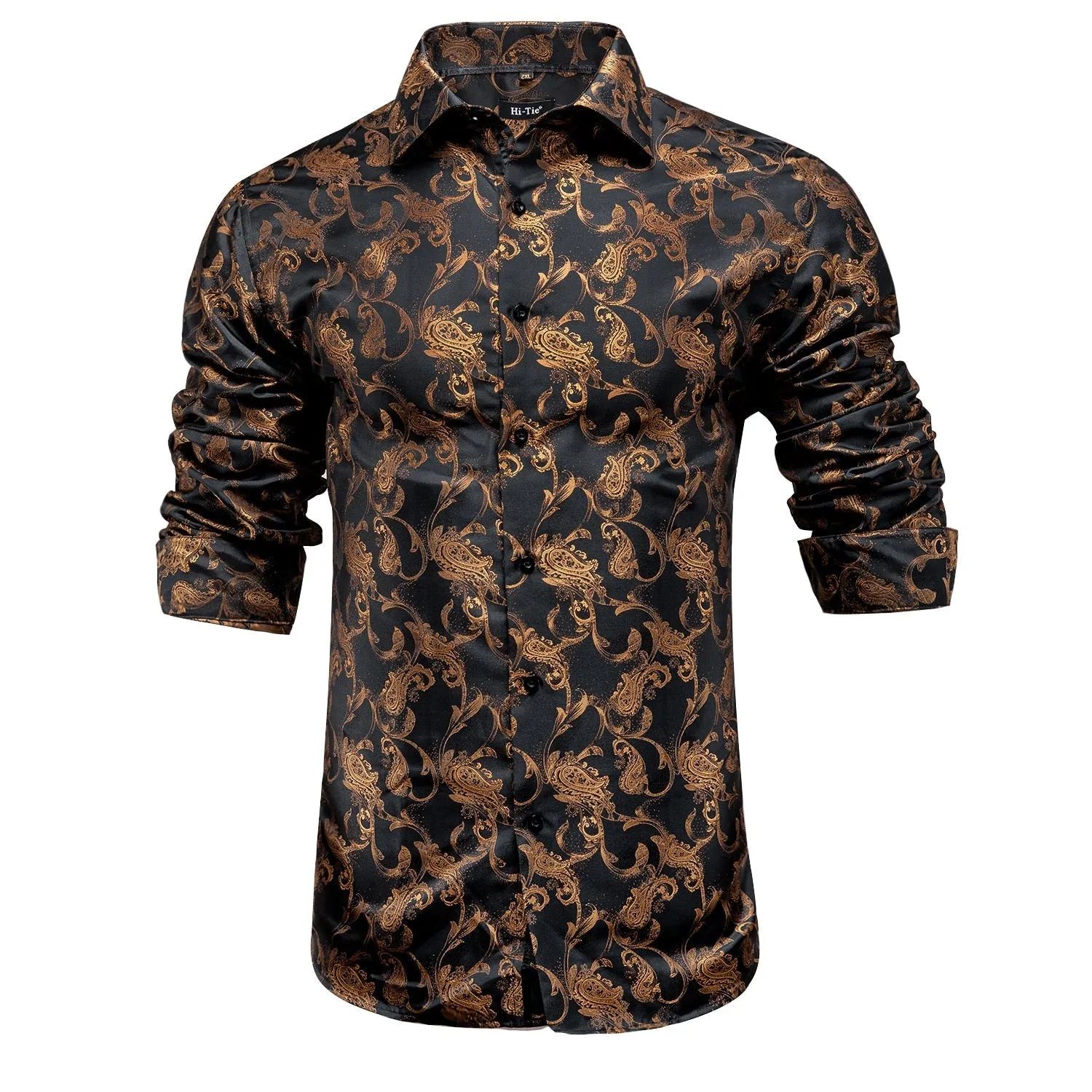 Blue Men's Shirts Paisley Floral Silk Gold Long Sleeve Casual Shirt Business Party Wedding Dress Shirt