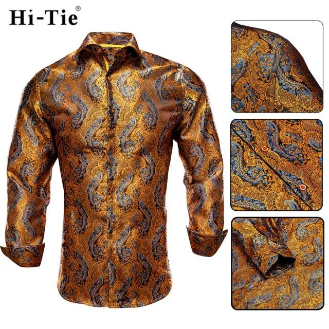 Blue Men's Shirts Paisley Floral Silk Gold Long Sleeve Casual Shirt Business Party Wedding Dress Shirt