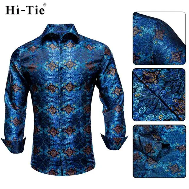 Blue Men's Shirts Paisley Floral Silk Gold Long Sleeve Casual Shirt Business Party Wedding Dress Shirt