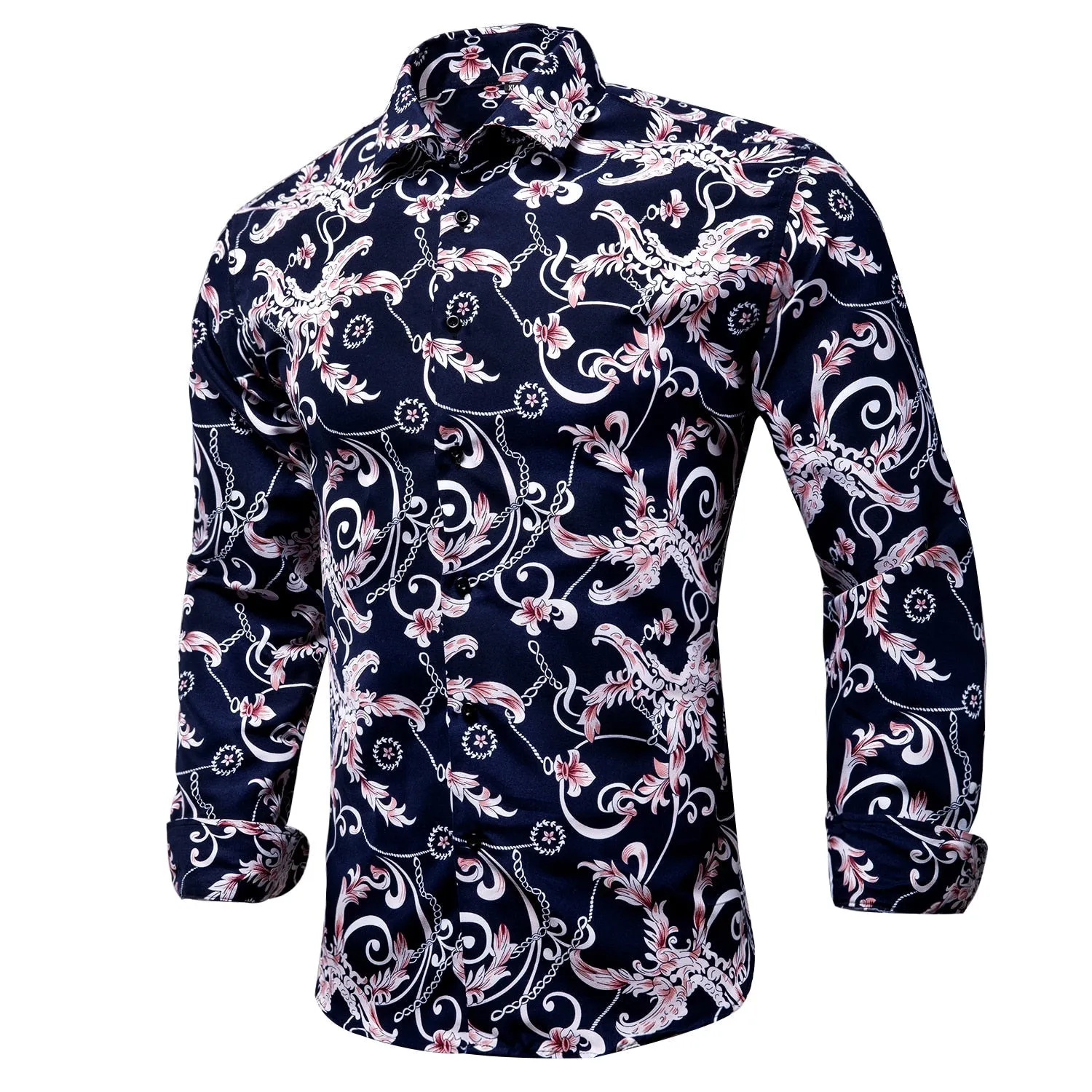 Blue Men's Shirts Paisley Floral Silk Gold Long Sleeve Casual Shirt Business Party Wedding Dress Shirt