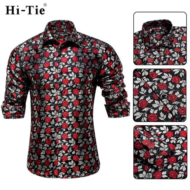 Blue Men's Shirts Paisley Floral Silk Gold Long Sleeve Casual Shirt Business Party Wedding Dress Shirt