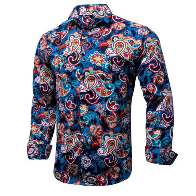 Blue Men's Shirts Paisley Floral Silk Gold Long Sleeve Casual Shirt Business Party Wedding Dress Shirt