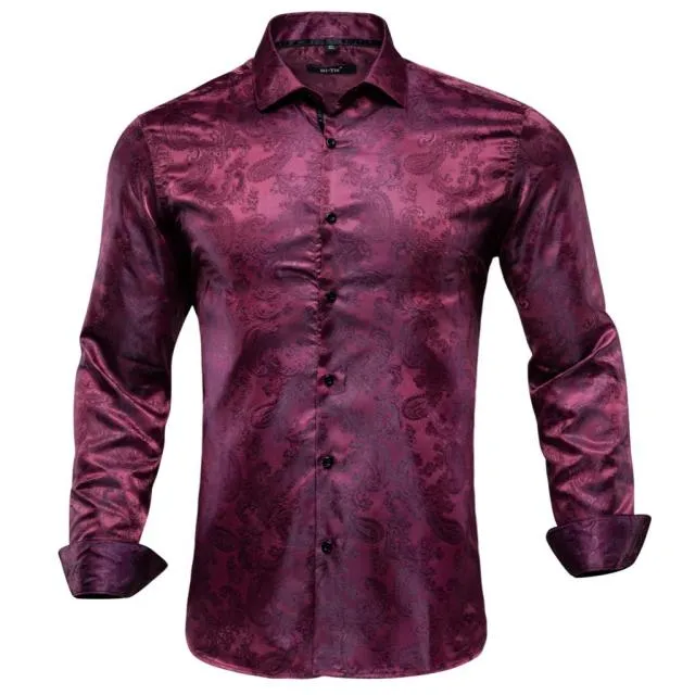 Blue Men's Shirts Paisley Floral Silk Gold Long Sleeve Casual Shirt Business Party Wedding Dress Shirt