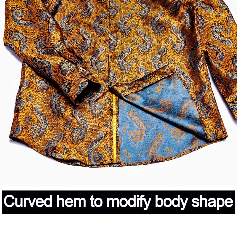 Blue Men's Shirts Paisley Floral Silk Gold Long Sleeve Casual Shirt Business Party Wedding Dress Shirt