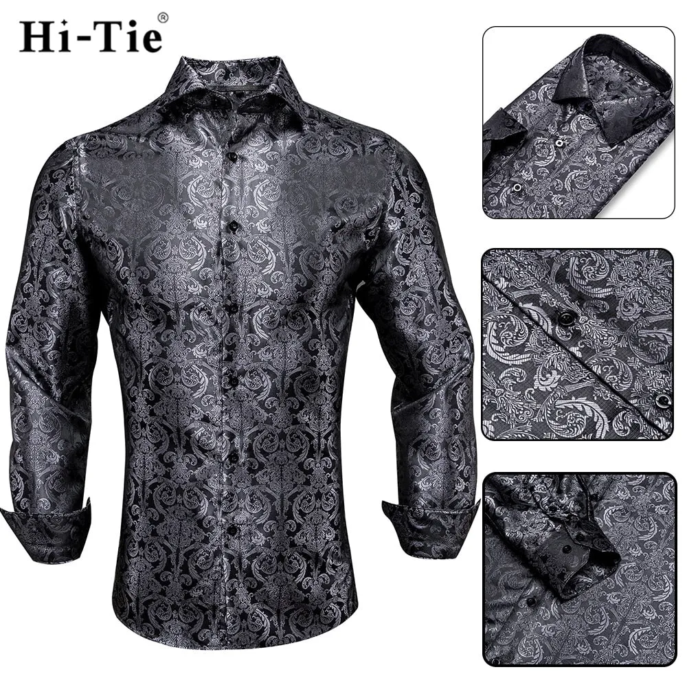 Blue Men's Shirts Paisley Floral Silk Gold Long Sleeve Casual Shirt Business Party Wedding Dress Shirt