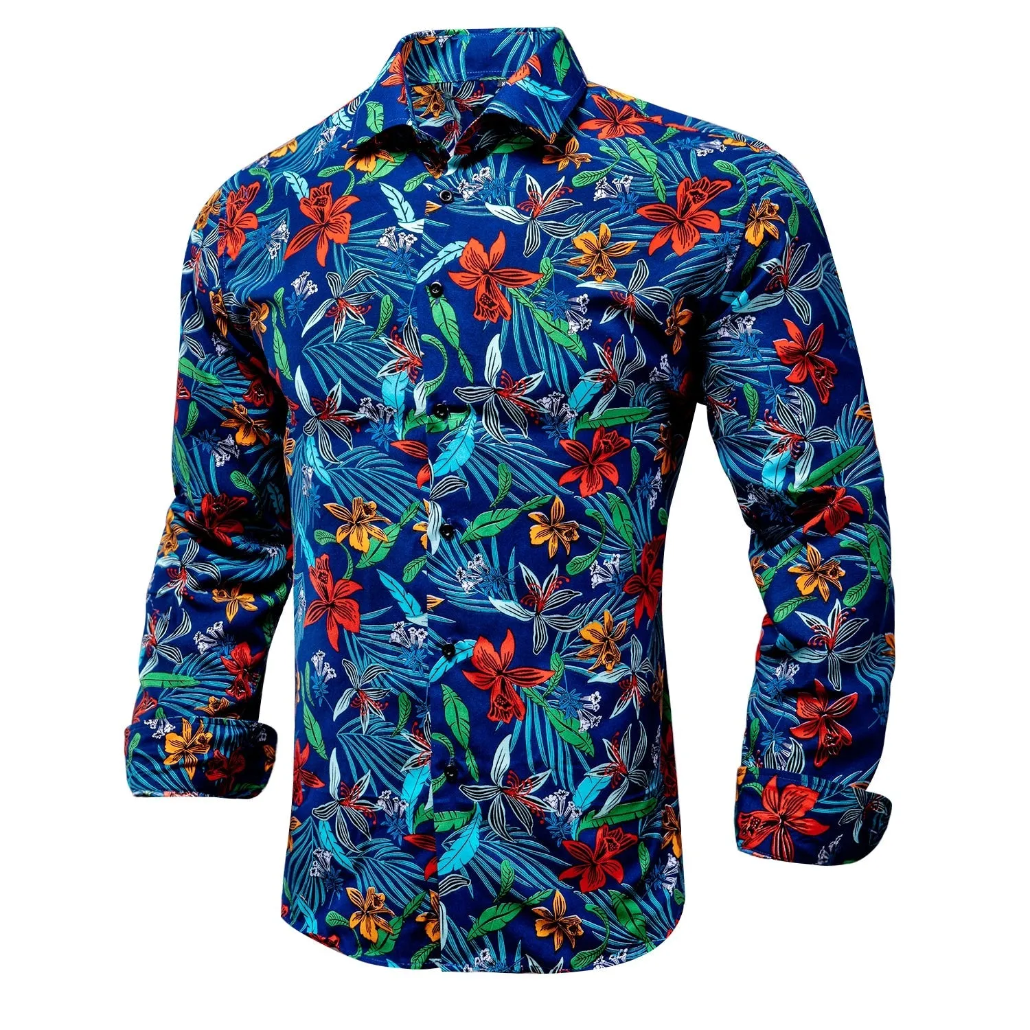 Blue Men's Shirts Paisley Floral Silk Gold Long Sleeve Casual Shirt Business Party Wedding Dress Shirt