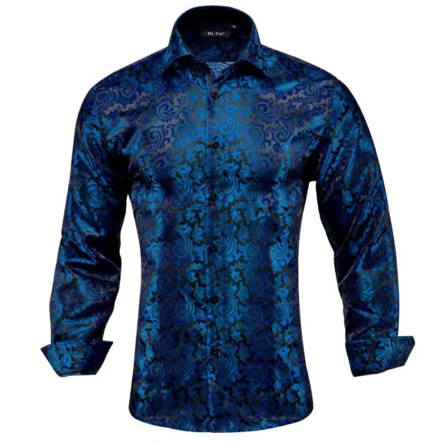 Blue Men's Shirts Paisley Floral Silk Gold Long Sleeve Casual Shirt Business Party Wedding Dress Shirt