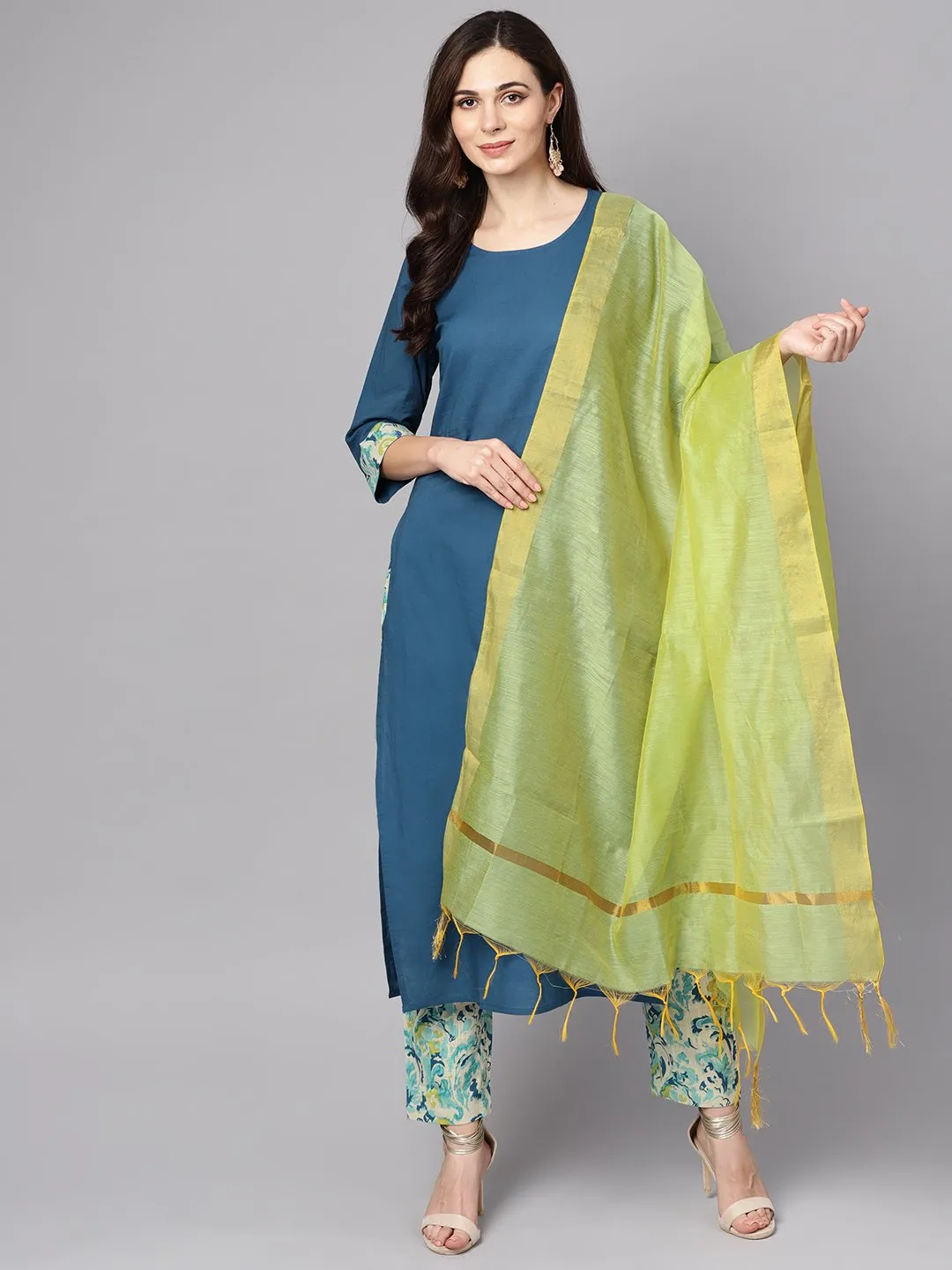 Blue printed 3/4th sleeve cotton kurta with printed palazzo and dupatta