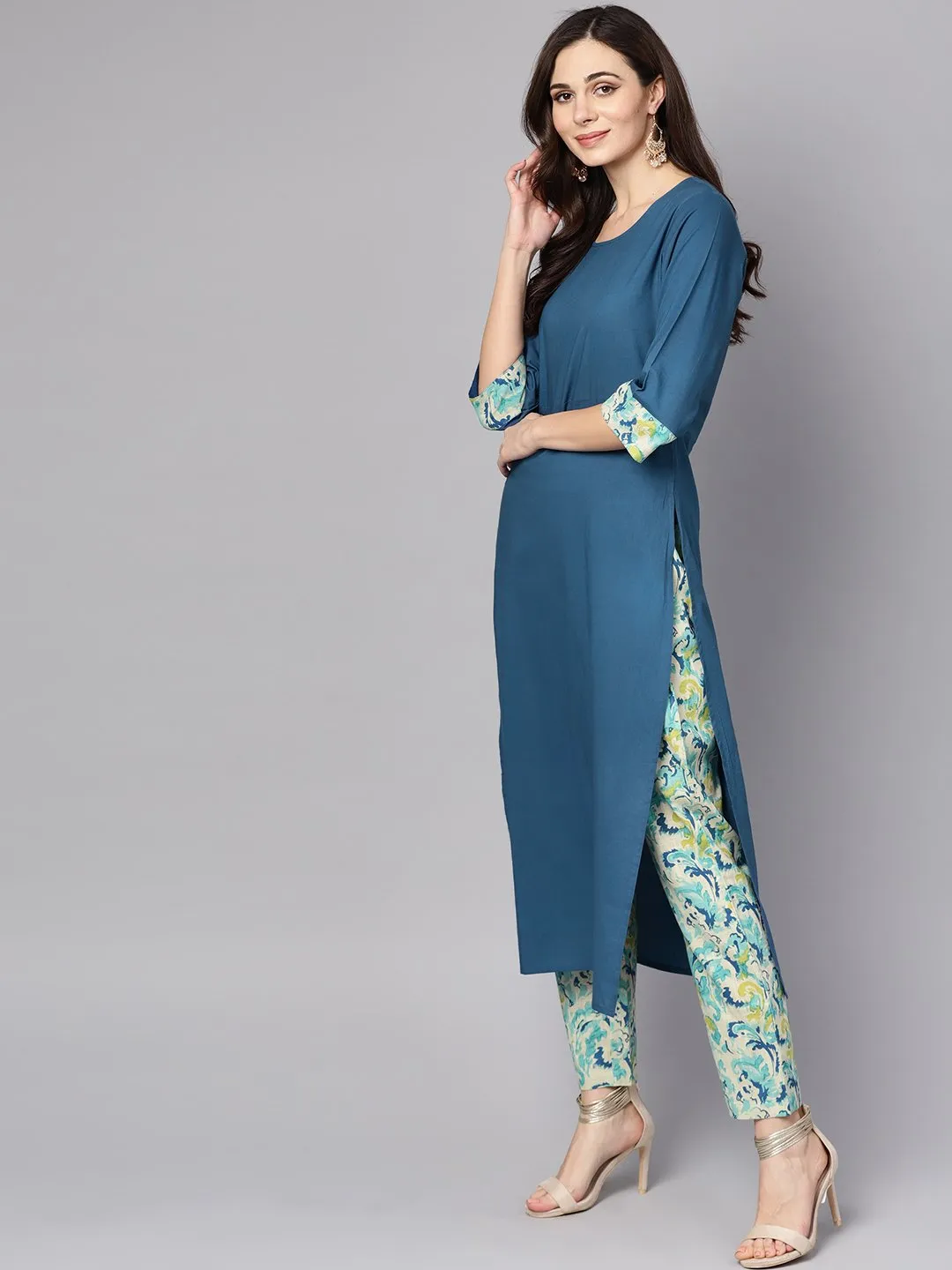 Blue printed 3/4th sleeve cotton kurta with printed palazzo and dupatta