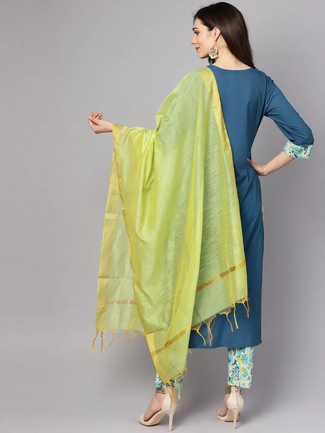 Blue printed 3/4th sleeve cotton kurta with printed palazzo and dupatta