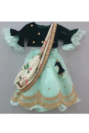 Bottle green choli with attached dupatta and aqua green lehenga