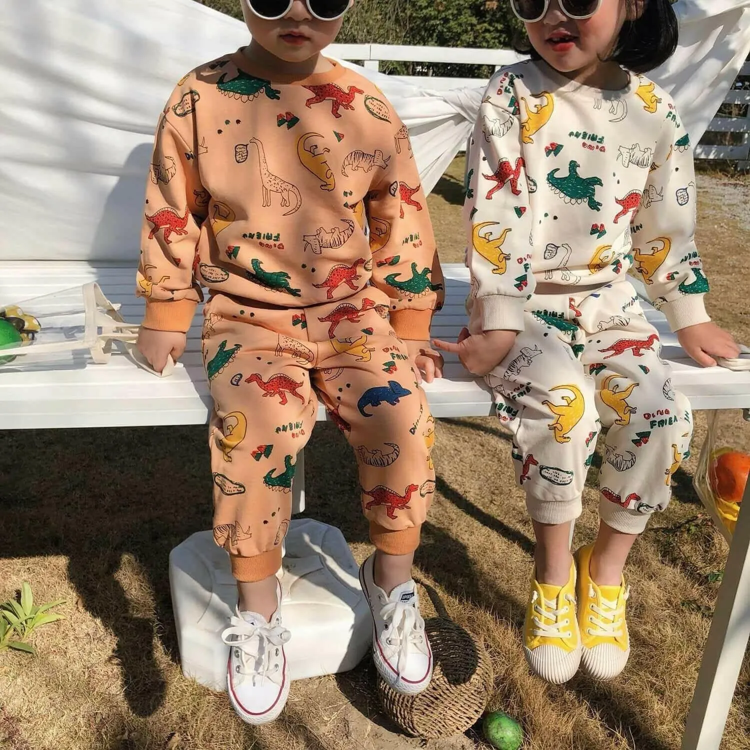 Boys girls spring autumn cartoon dinosaur printed clothes sets