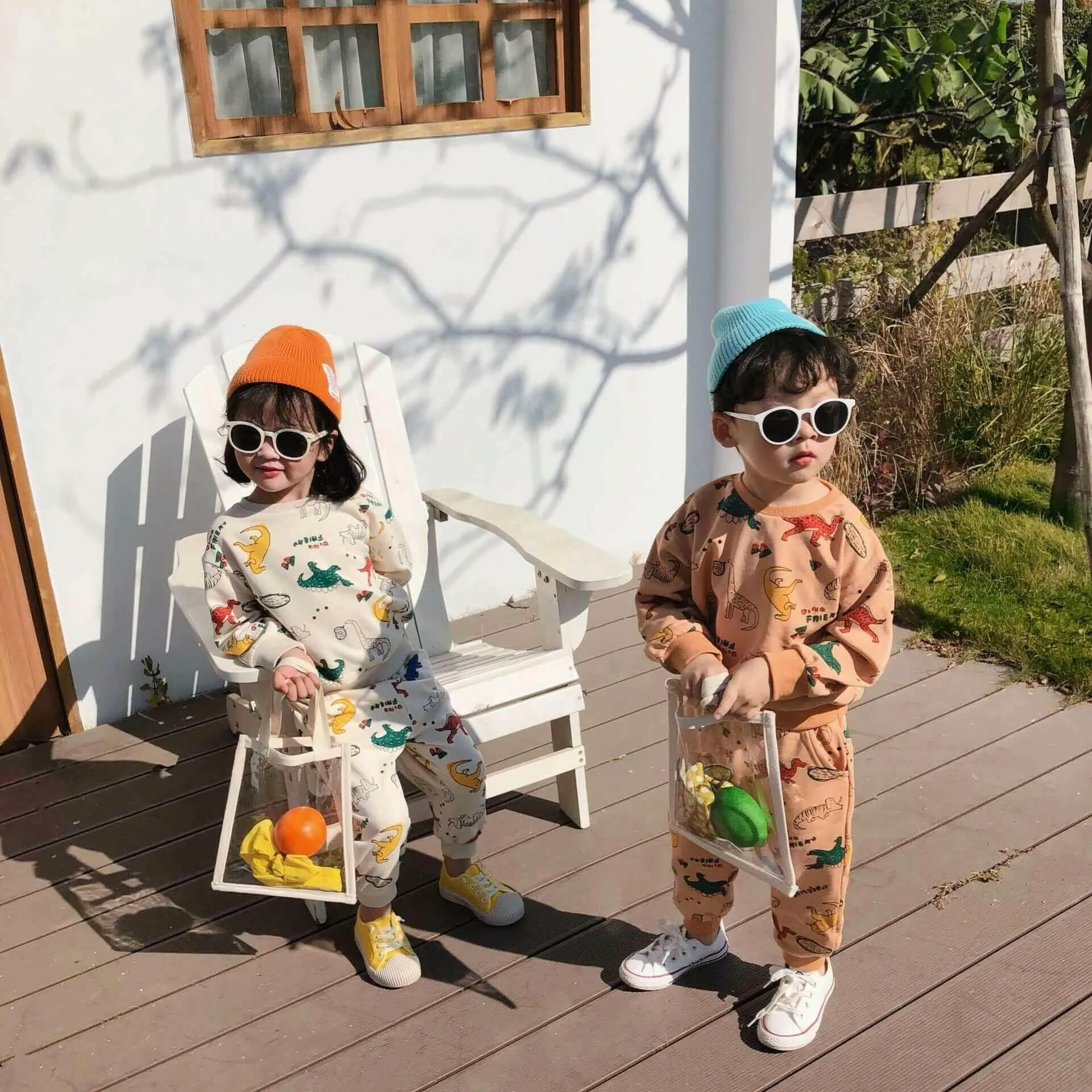 Boys girls spring autumn cartoon dinosaur printed clothes sets