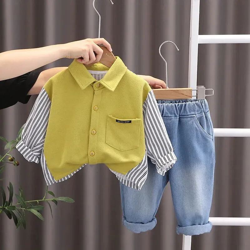 Boys Stripe Long Sleeve Shirt and Denim Jeans Outfits