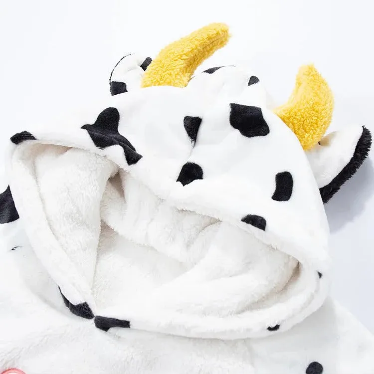 Cartoon Cow Letter Embroidery Pockets Plush Hooded Jumpsuit Pajamas