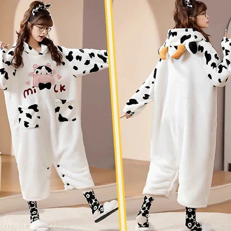 Cartoon Cow Letter Embroidery Pockets Plush Hooded Jumpsuit Pajamas