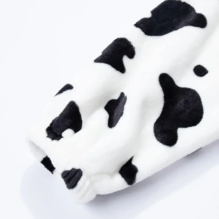 Cartoon Cow Letter Embroidery Pockets Plush Hooded Jumpsuit Pajamas