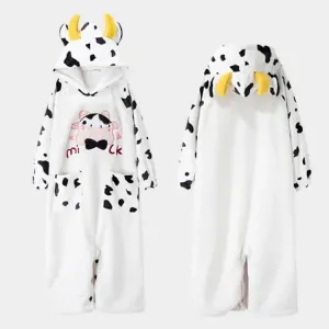 Cartoon Cow Letter Embroidery Pockets Plush Hooded Jumpsuit Pajamas