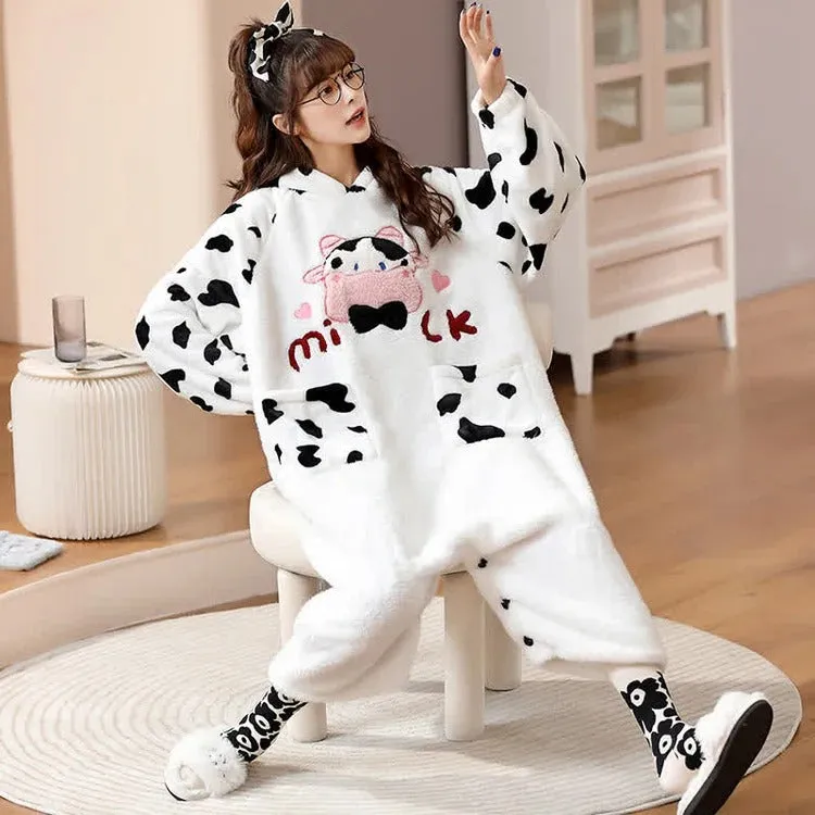 Cartoon Cow Letter Embroidery Pockets Plush Hooded Jumpsuit Pajamas